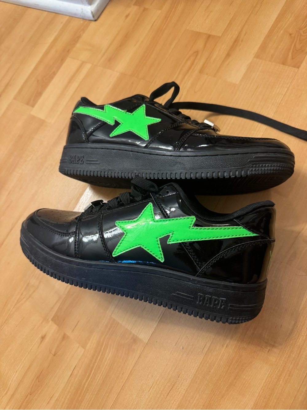 Bape Black Patent Low-Top Sneakers with Neon Green Star